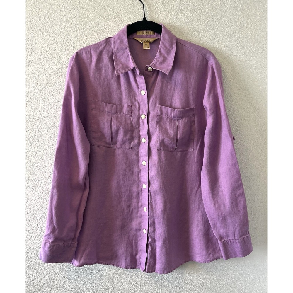 Investments Petites Women's Button Up Shirt Blouse Size 12P 100% Linen Purple